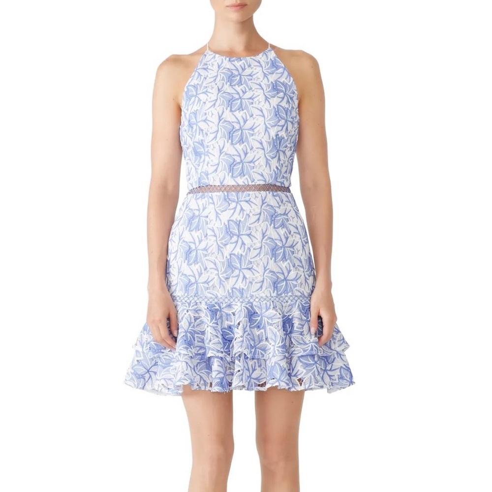 Keepsake The Label Blue White New Look Halter Lace Mini Dress - Size L